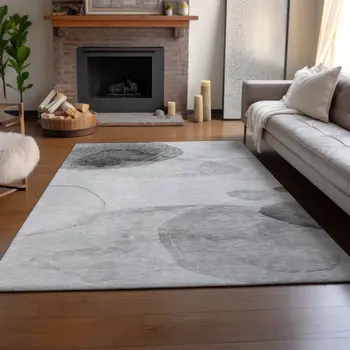 5' X 8' Gray And Ivory Abstract Washable Area Rug With UV Protection