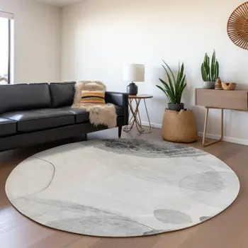 8' Gray And Ivory Abstract Washable Round Rug With UV Protection