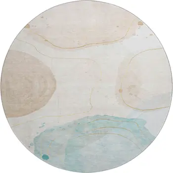 8' Beige Ivory And Teal Abstract Washable Round Rug With UV Protection