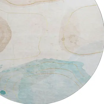 8' Beige Ivory And Teal Abstract Washable Round Rug With UV Protection