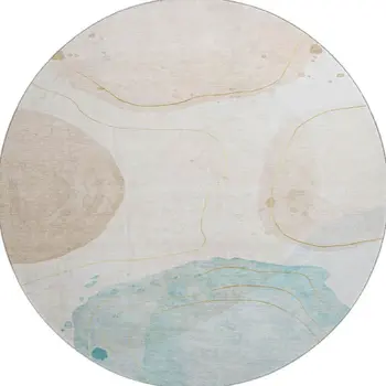 8' Beige Ivory And Teal Abstract Washable Round Rug With UV Protection