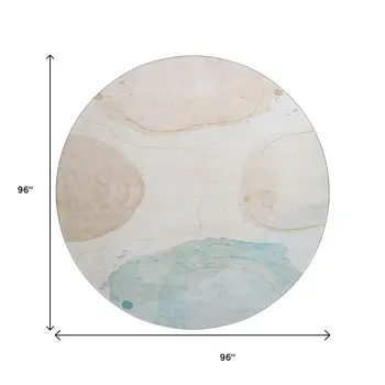 8' Beige Ivory And Teal Abstract Washable Round Rug With UV Protection
