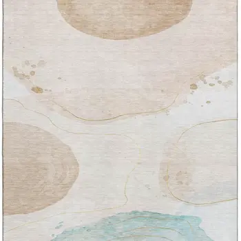 8' X 10' Beige Ivory And Teal Abstract Washable Area Rug With UV Protection