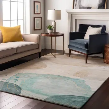 9' X 12' Beige Ivory And Teal Abstract Washable Area Rug With UV Protection