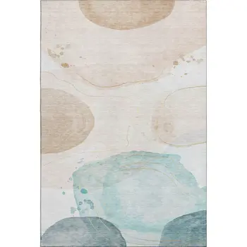 9' X 12' Beige Ivory And Teal Abstract Washable Area Rug With UV Protection