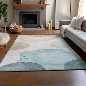 9' X 12' Beige Ivory And Teal Abstract Washable Area Rug With UV Protection
