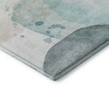10' X 14' Beige Ivory And Teal Abstract Washable Area Rug With UV Protection