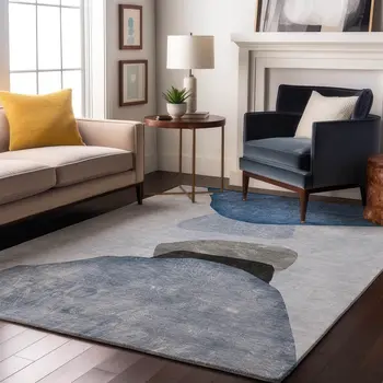3' X 5' Blue And Gray Abstract Washable Area Rug With UV Protection