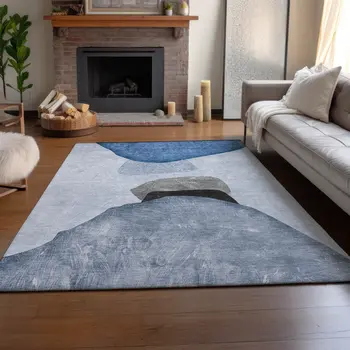 3' X 5' Blue And Gray Abstract Washable Area Rug With UV Protection