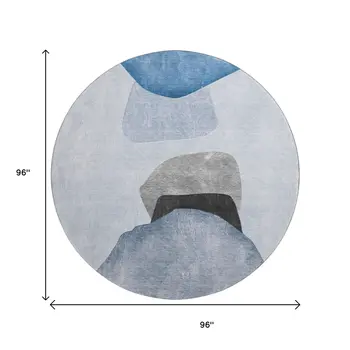 8' Blue And Gray Abstract Washable Round Rug With UV Protection
