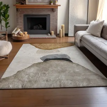 9' X 12' Brown And Gray Abstract Washable Area Rug With UV Protection