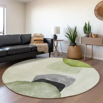 8' Green And Gray Abstract Washable Round Rug With UV Protection