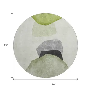8' Green And Gray Abstract Washable Round Rug With UV Protection