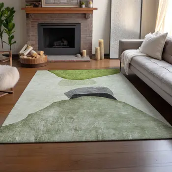9' X 12' Green And Gray Abstract Washable Area Rug With UV Protection