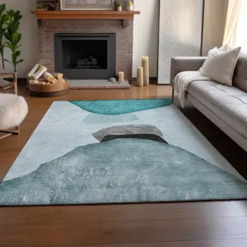 5' X 8' Teal And Gray Abstract Washable Area Rug With UV Protection