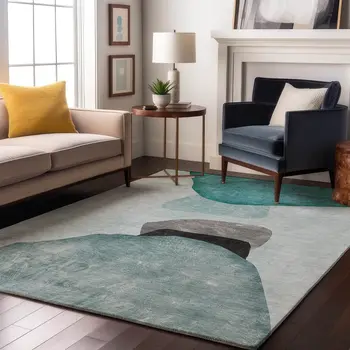 8' X 10' Teal And Gray Abstract Washable Area Rug With UV Protection
