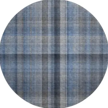 8' Blue And Gray Plaid Washable Round Rug With UV Protection