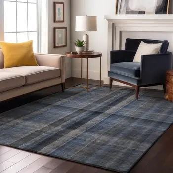 10' X 14' Blue And Gray Plaid Washable Area Rug With UV Protection