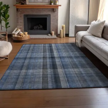 10' X 14' Blue And Gray Plaid Washable Area Rug With UV Protection