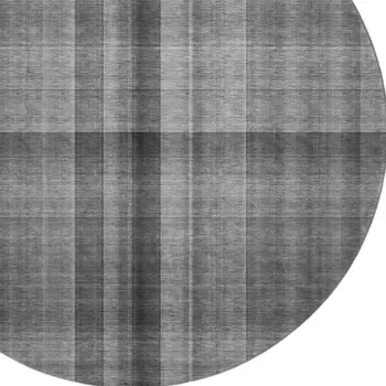 8' Gray And Ivory Plaid Washable Round Rug With UV Protection