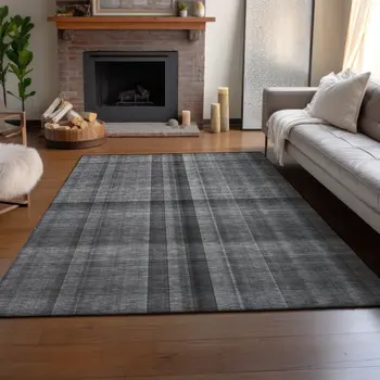8' X 10' Gray And Ivory Plaid Washable Area Rug With UV Protection