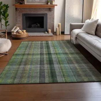 3' X 5' Green And Gray Plaid Washable Area Rug With UV Protection