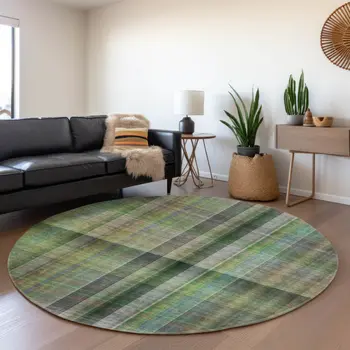 8' Green And Gray Plaid Washable Round Rug With UV Protection