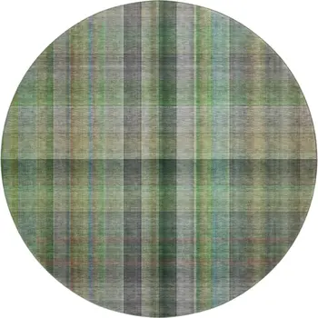8' Green And Gray Plaid Washable Round Rug With UV Protection