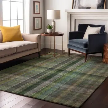9' X 12' Green And Gray Plaid Washable Area Rug With UV Protection