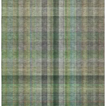 9' X 12' Green And Gray Plaid Washable Area Rug With UV Protection