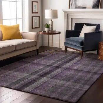 5' X 8' Purple And Gray Plaid Washable Area Rug With UV Protection