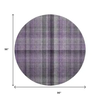 8' Purple And Gray Plaid Washable Round Rug With UV Protection