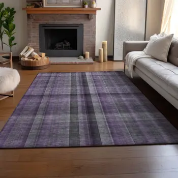 9' X 12' Purple And Gray Plaid Washable Area Rug With UV Protection
