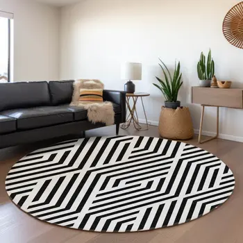 8' Black And Ivory Geometric Washable Round Rug With UV Protection