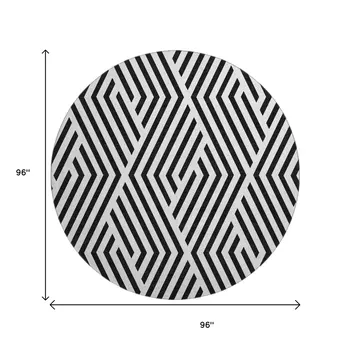 8' Black And Ivory Geometric Washable Round Rug With UV Protection