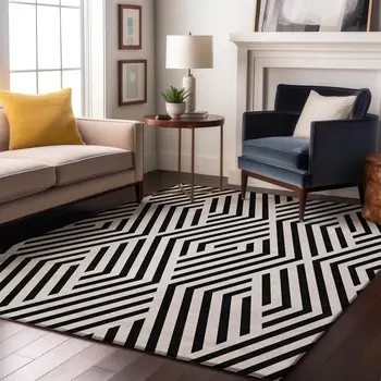 8' X 10' Black And Ivory Geometric Washable Area Rug With UV Protection