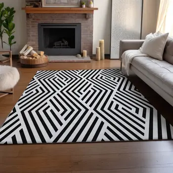 8' X 10' Black And Ivory Geometric Washable Area Rug With UV Protection