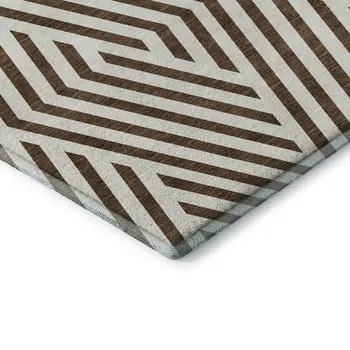8' Brown And Ivory Geometric Washable Round Rug With UV Protection