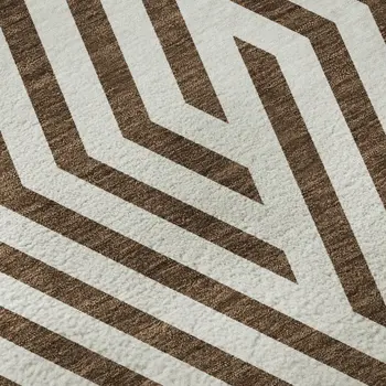 8' Brown And Ivory Geometric Washable Round Rug With UV Protection