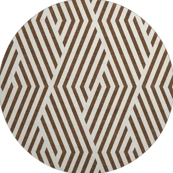 8' Brown And Ivory Geometric Washable Round Rug With UV Protection