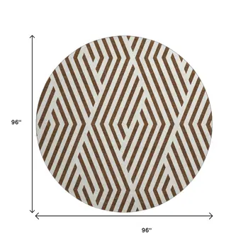 8' Brown And Ivory Geometric Washable Round Rug With UV Protection