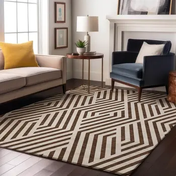 10' X 14' Brown And Ivory Geometric Washable Area Rug With UV Protection