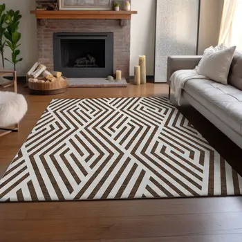 10' X 14' Brown And Ivory Geometric Washable Area Rug With UV Protection