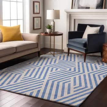 3' X 5' Denim Blue And Ivory Geometric Washable Area Rug With UV Protection