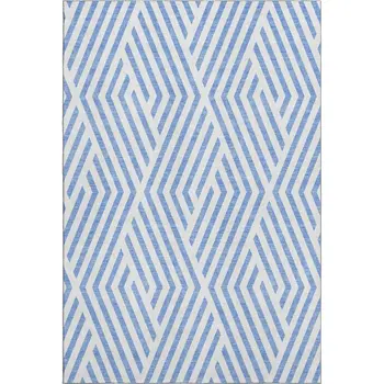 3' X 5' Denim Blue And Ivory Geometric Washable Area Rug With UV Protection