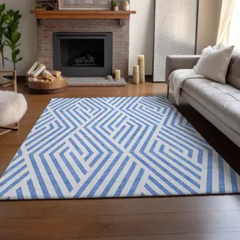 3' X 5' Denim Blue And Ivory Geometric Washable Area Rug With UV Protection