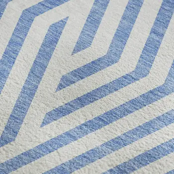5' X 8' Denim Blue And Ivory Geometric Washable Area Rug With UV Protection