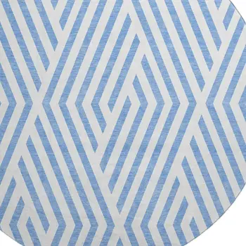 8' Denim Blue And Ivory Geometric Washable Round Rug With UV Protection