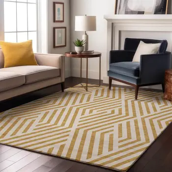 10' X 14' Gold And Ivory Geometric Washable Area Rug With UV Protection