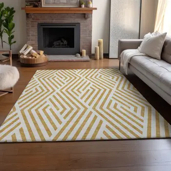 10' X 14' Gold And Ivory Geometric Washable Area Rug With UV Protection